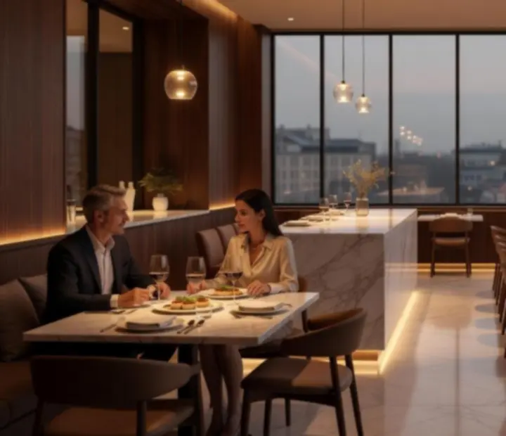 Nastrojowe wnętrze restauracji z eleganckim oświetleniem