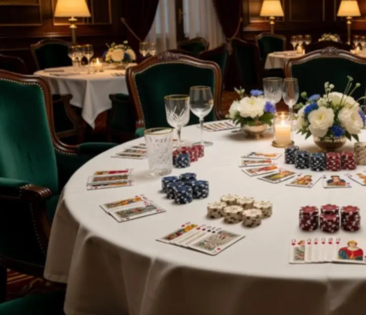 Elegancko zaaranżowany stół pokerowy z symbolicznymi żetonami