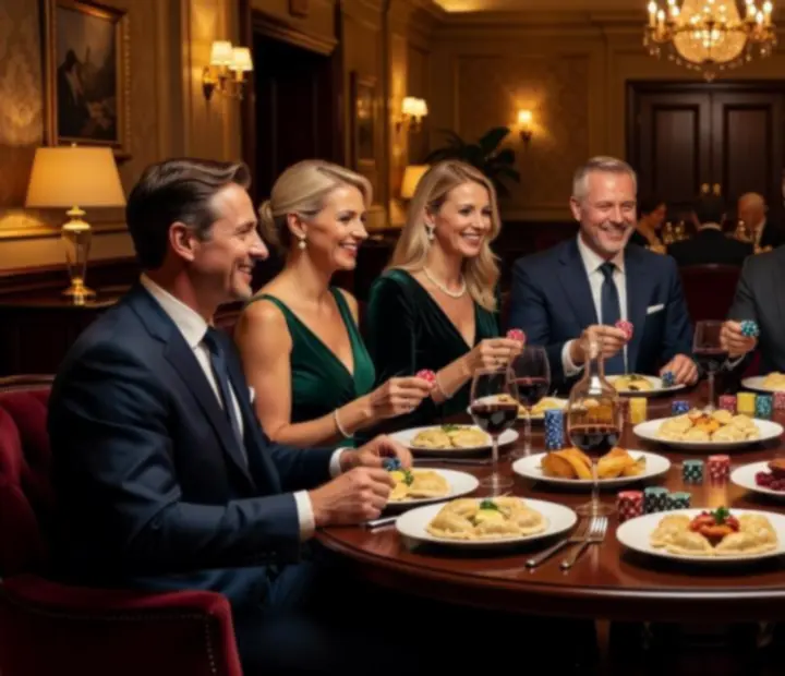 Nastrojowa sala restauracyjna z eleganckim stołem kolacyjnym i symbolicznym stołem pokerowym