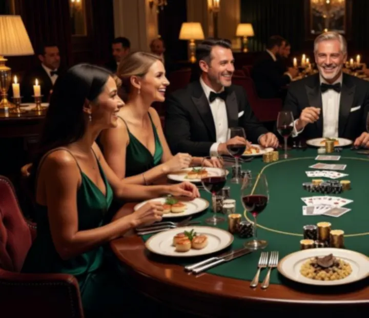 Goście przy eleganckim pokerowym stole z symbolicznymi żetonami