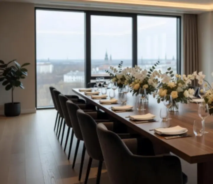 Nowoczesna sala konferencyjna przygotowana na eleganckie wydarzenie firmowe